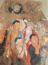 Gruppe von Mönchen und Buddha, aus dem Shikshin-Kloster, Karashar, 9.-10. Jahrhundert (Fragment eines Gemäldes)